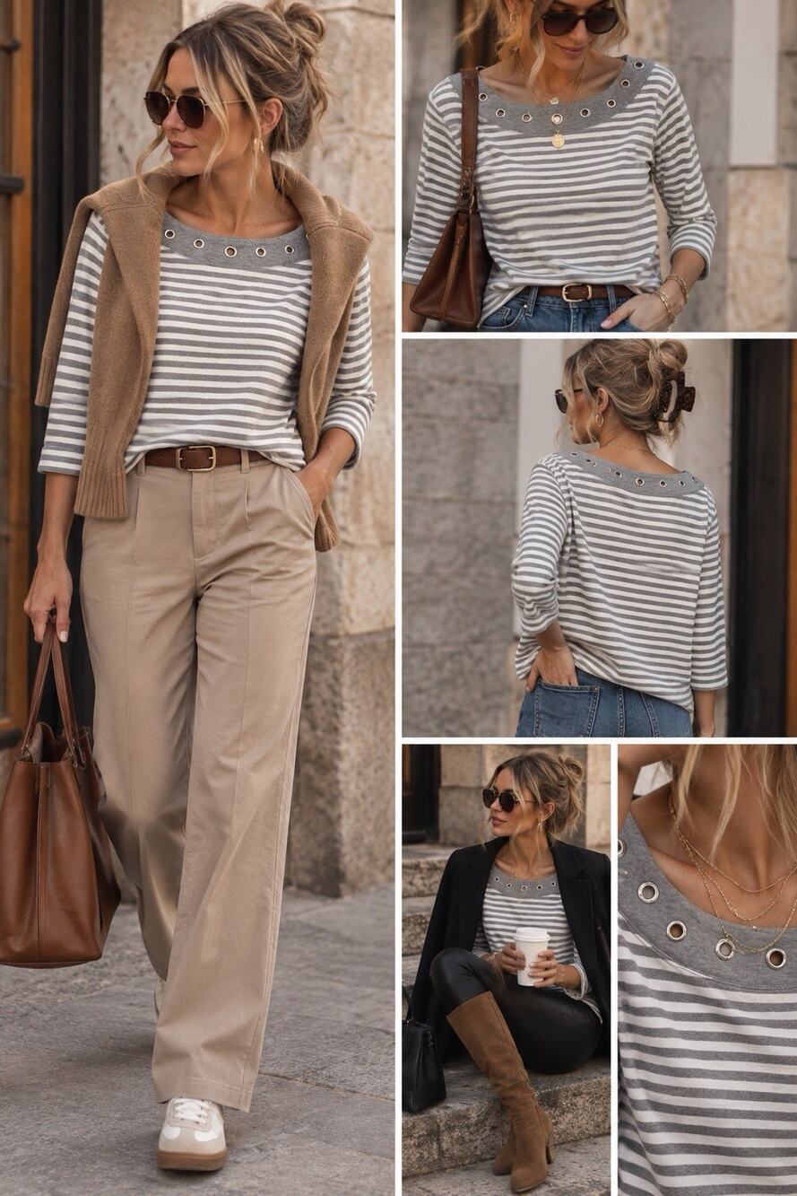 Quacker Factory Womens Gray & White Striped Scoop Neck Grommet 3/4 Sleeve Top XL